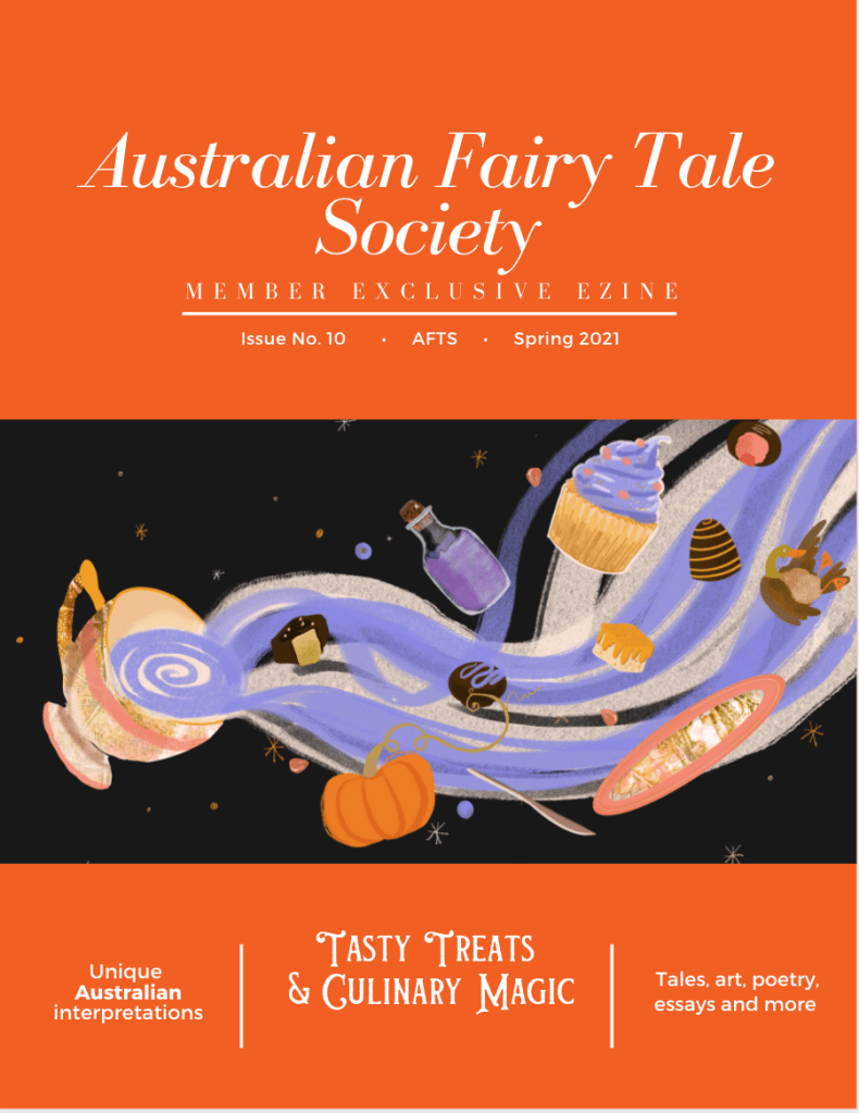 Cover of AFTS eZine number 10 showing many food items magically flying out of a tea cup against the night sky.