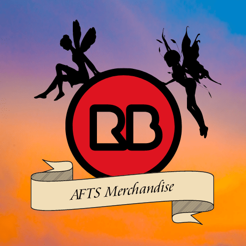 AFTS merchandise ribbon under the RedBubble logo flanked by 2 fairies in silhouette.
