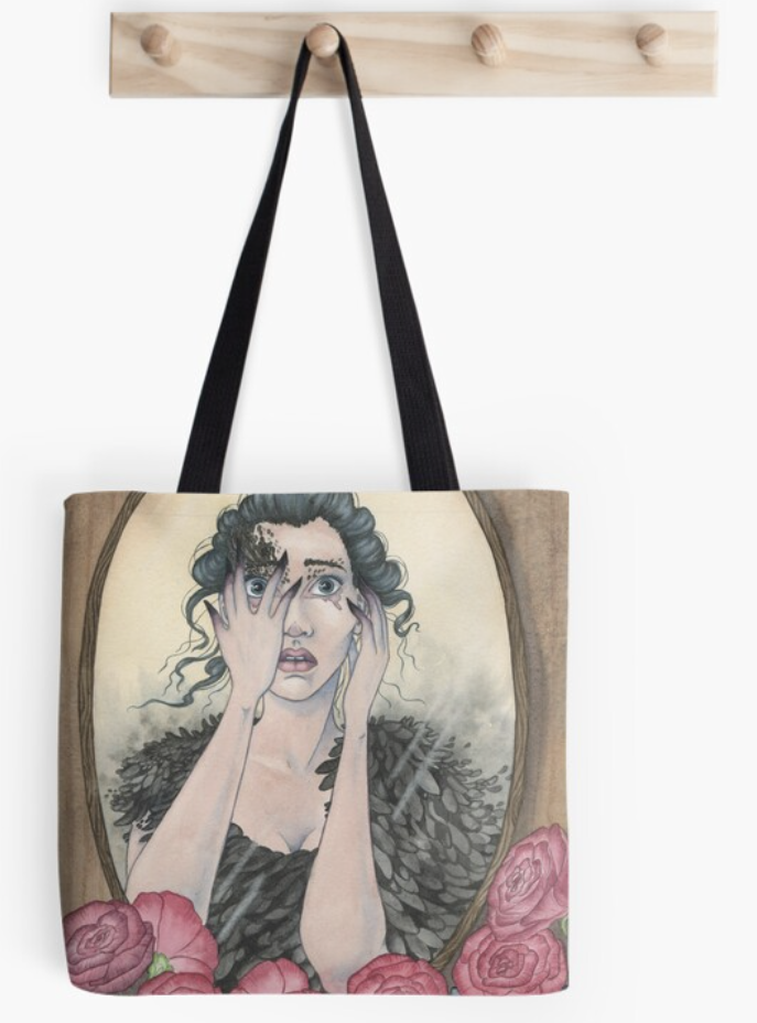 Cloth bag hangs from wooden pegs. The bag has a picture of a woman's reflection in a mirror. She seems to be dirtying her face with black-inked nails. Red roses cover the bottom of the picture.