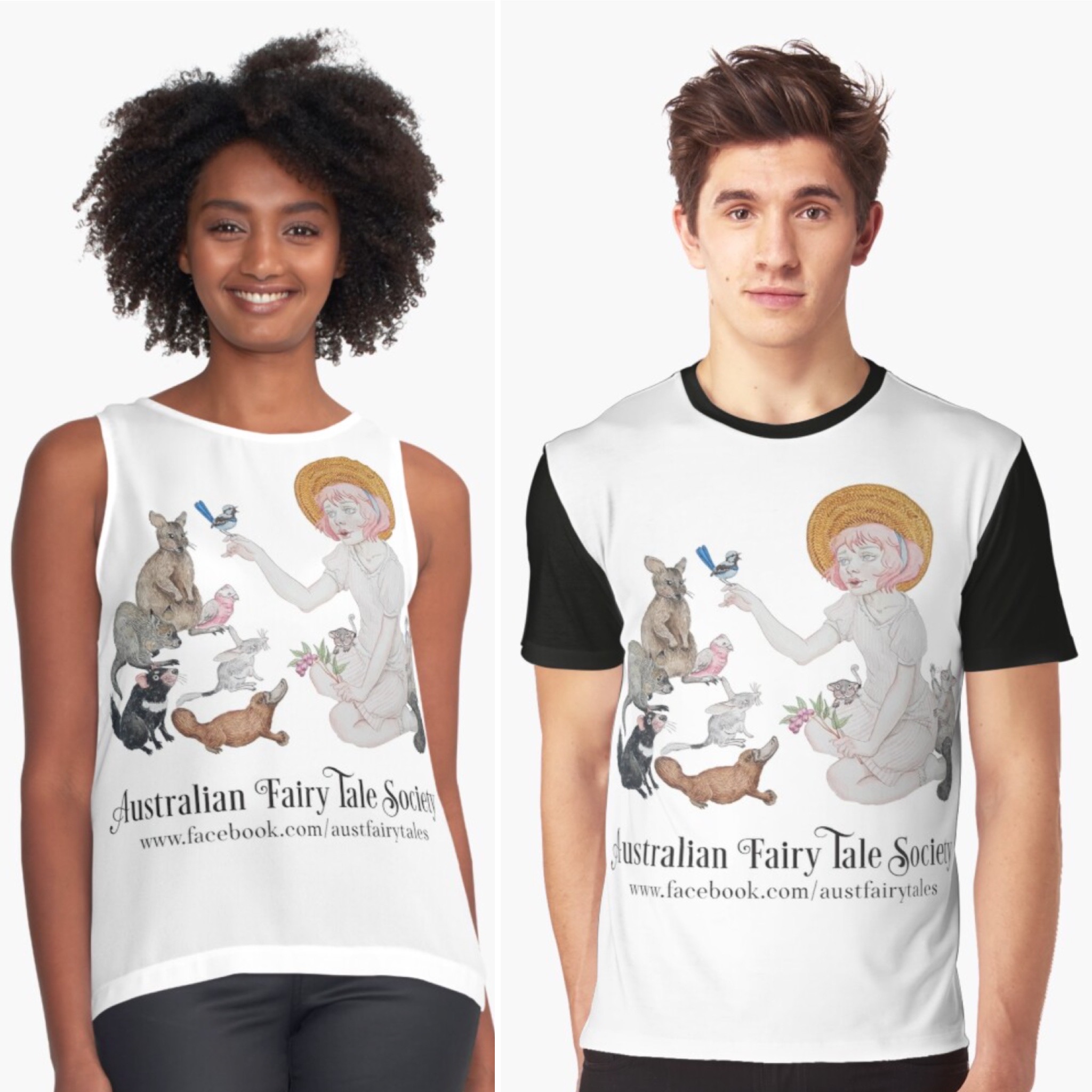 A woman and a man smile at the camera wearing a singlet and a T-shirt printed with an image of a girl in a 1940s dress and a sunhat surrounded by friendly Australian animals.