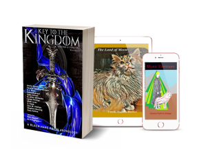 Book entitled Key To The Kingdom, a Black Hare Press Anthology showing Cecilia Hopkins-Drewer as one of the contributing authors.  An ornate sword hilt surrounded by a ribbon in front of a cathedral window; an iPad showing a cat under the title The Land of Meow by Cecilia Hopkins-Drewer; and an iPhone showing a story title Mystic Evermore with a person in front of a tent with a white wolf.