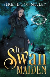 Book cover for The Swan Maiden by Serene Conneeley featuring a girl in a long black dress and a black swan swimming behind her.