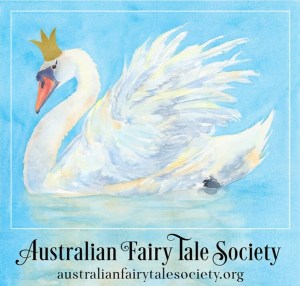 A white swan wearing a gold crown fluffs its feathers while swimming on a lake the same colour as the sky.