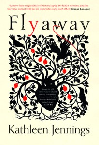 Book cover featuring a black heart with blood vessels turning into branches supporting leaves. 2 black crows perch on the branches and a third crow is flying and pecking at a black flower. There are 9 red fruits hanging from the branches. The book is titled Flyaway by Kathleen Jennings and there is a quote by Margo Lanagan at the top.