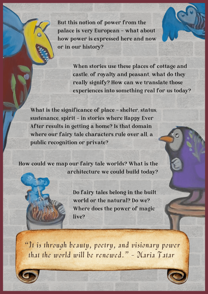 A poster with a stone wall background with further discussion of Power and new discussion of Place in fairy tales. Images of a witch on a stool, a steaming cauldron, and two fairy tale monsters.