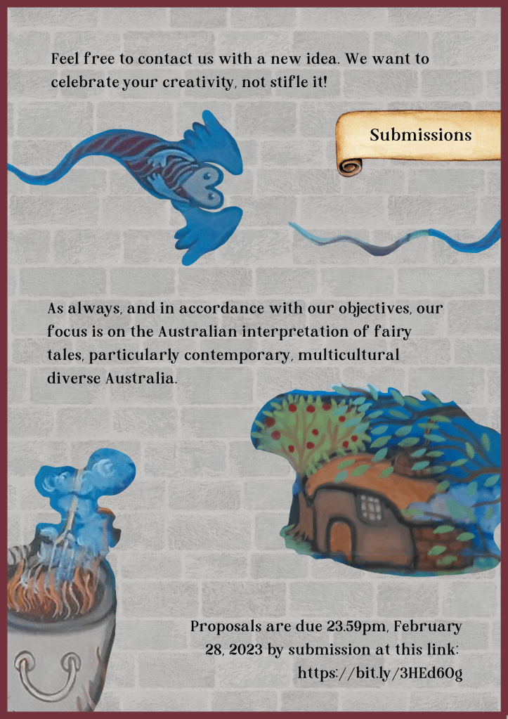 A poster with a stone wall background subtitled Submissions saying submissions are due 28 February 2023, illustrated with a fairy tale monster, a steaming cauldron and a fairy tale cottage..