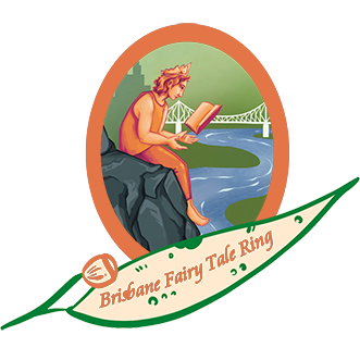 An oval frame contains a crowned reader sitting on a rock reading a book which is floating away from their hands. Below their feet frun a river which flows to the Story Bridge and behind them is a city skyline. Underneath the oval is a gum leaf inscribed Brisbane Fairy Tale Ring.