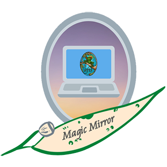 A laptop with the AFTS logo on the screen sits inside an oval frame. Underneath is a gum leaf bearing the words Magic Mirror.