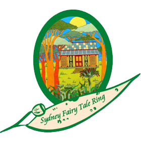 Neatly contained in an oval frame, a colourful cottage nestles in between trees with the moon rising above. A gum leaf underneath holds the text Sydney Fairy Tale Ring.