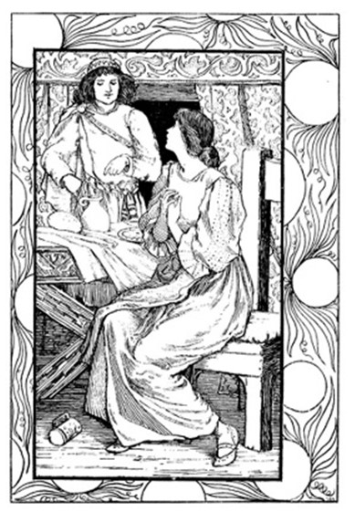 In a decorated rectangular frame, A man in a turban stands commandingly over a seated woman. The man is pointing at pots on a table and the woman clutches her chest defensively.